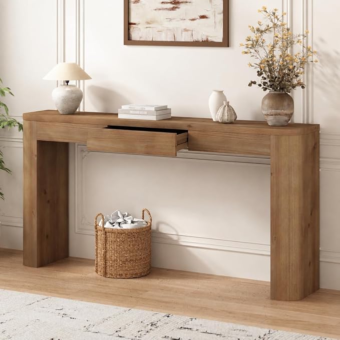 63" Solid Wood Console Table with Storage Drawer & Thick Leg