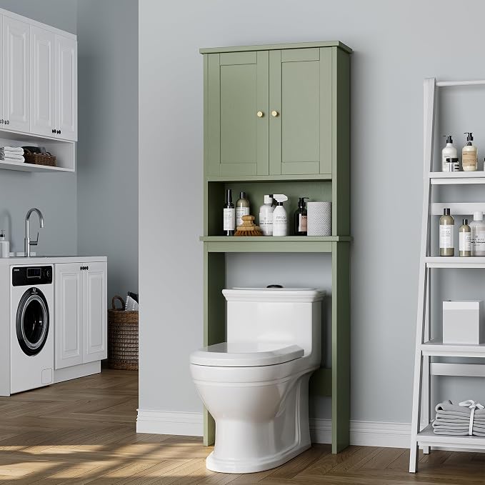 Over the Toilet Storage Cabinet, Bathroom Storage Organizer Over Toilet, Space Saver W/Adjustable Shelf & Open Shelf, Green