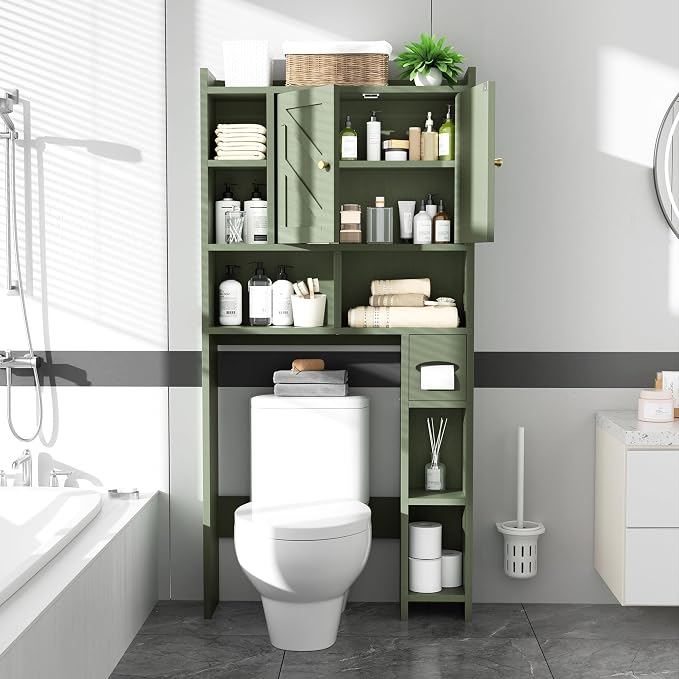 Over The Toilet Storage Cabinet, 64.6" Tall Bathroom Organizer Space Saver with Toilet Paper Holder & Adjustable Shelf, Freestanding Wood Cabinet for Small Space, Green