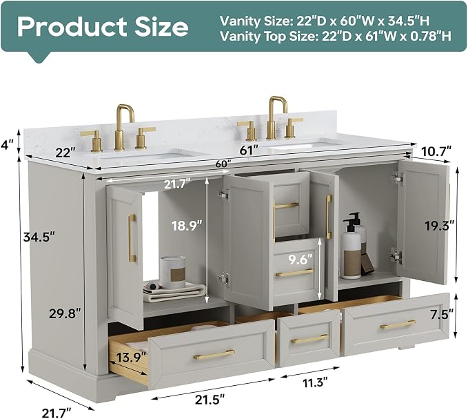 60 Inch Bathroom Vanity with Double Sink Combo, Greige | Solid Wood Frame with Marble Top & Backsplash, Fully-Assembled with 4 Soft-Closing Doors & 5 Dovetail Drawers