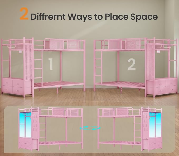 Itaar Metal Bunk Bed Twin Over Twin with Hall Tree, Power Outlet, LED Bunk Bed with 4 Storage Drawers, Bed with 13‘’ Safety Guardrail & Ladders for Kids and Teen, 400lb Weight Capacity, Pink