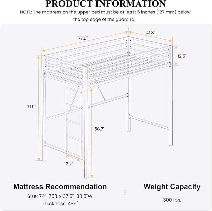 SHA CERLIN Loft Bed Twin Size with Ladder and Guardrail,Aqua Blue