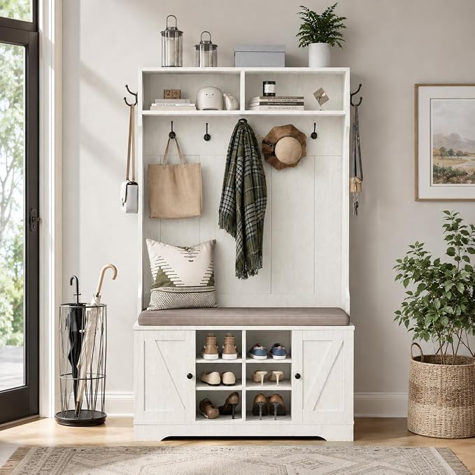 71“ White Hall Tree with Bench and Shoe Storage, 6 Adjustable Shelves,