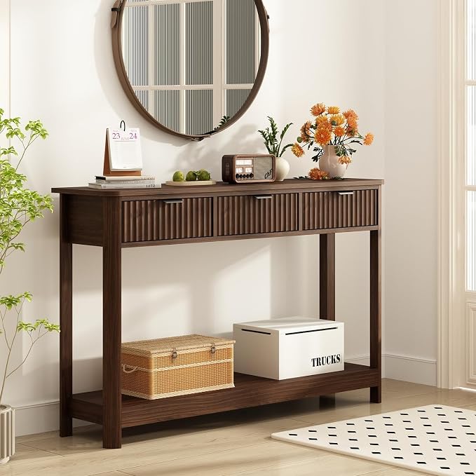 RUSTOWN Fluted Wood Console Table with 3 Drawers, 47.2" Boho Entryway Table