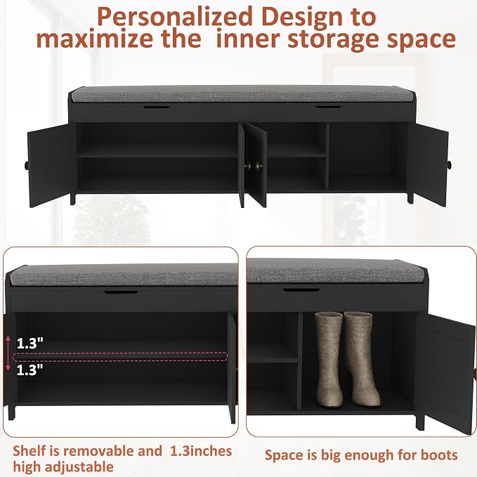 HOMEFORT 54.4" Shoe Bench with Lift Top Storage, Entryway Bench with Cushioned Seat, Wooden End of Bed Bench, Shoe Cabinet Bench with Hidden Storage Space, for Bedroom, Hallway,Black