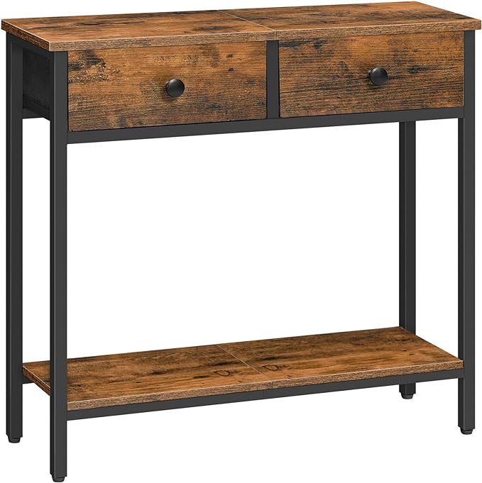 HOOBRO 29.5" Narrow Console Table with 2 Fabric Drawers, Small Entryway Table with 2-Tier Storage Shelves, Sofa Table, Behind Couch Table, for Living Room, Hallway, Rustic Brown and Black BF71XG01