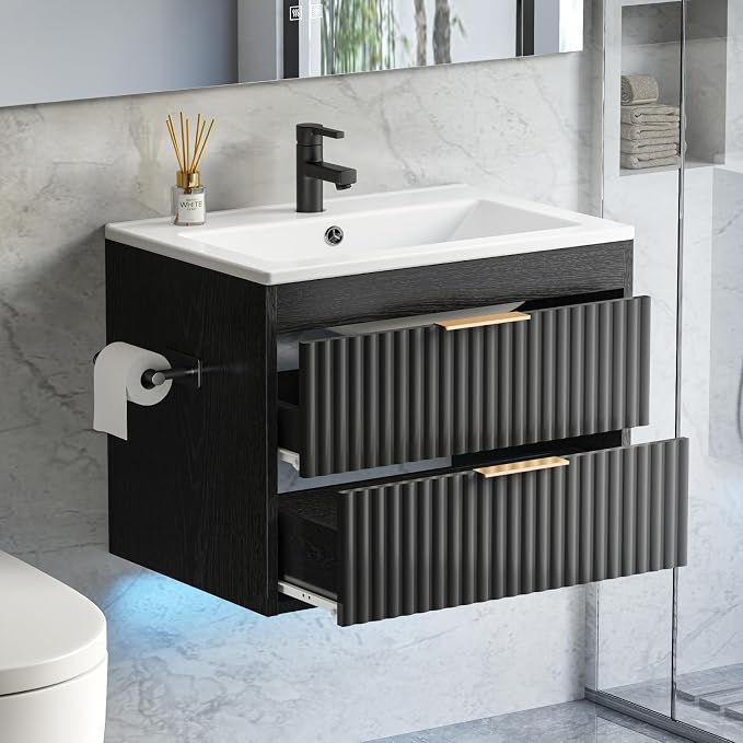 24 Inch Floating Bathroom Vanity with Sink & Towel Holder, Fluted Wall Mounted Vanity Cabinet for Small Bathroom, Modern Combo with LED Light, Metal Handle & Soft-Closing Drawers, Black