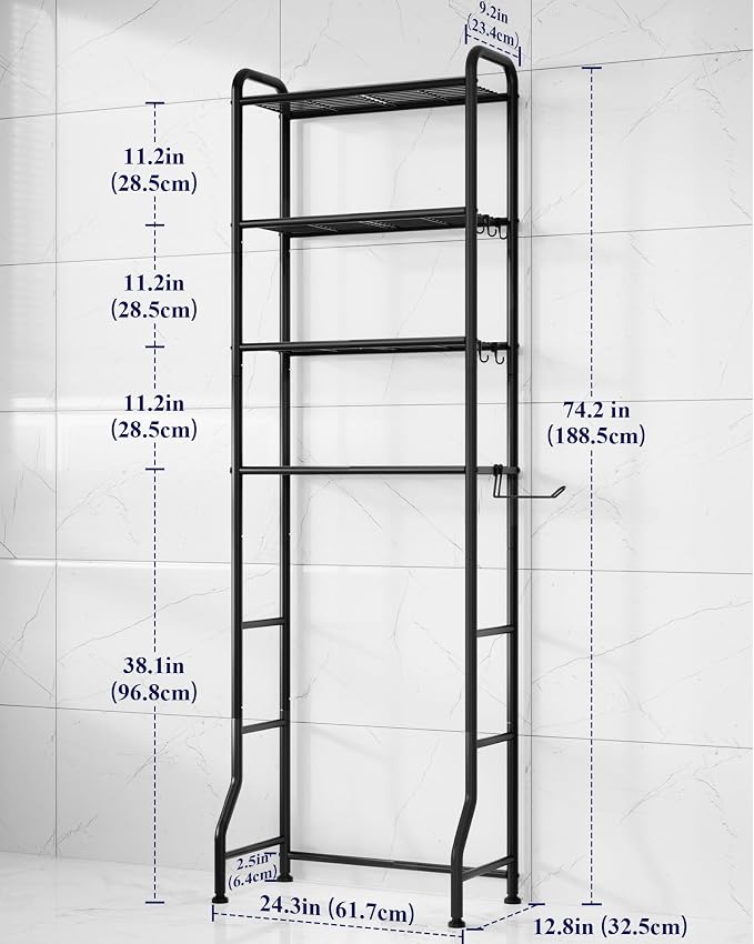 Kitsure Over Toilet Storage Rack, 74.2" H Space-Saving, Holder & Hooks | Bathroom, Laundry Room, Small Spaces, Families, Durable Metal, Black, 4 Tier
