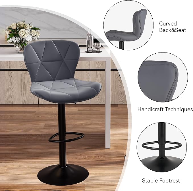 Nalupatio Modern Bar Stools Set of 4, Adjustable Faux Leather Upholstered Swivel Bar Stools, Counter Height Bar Chairs with Back for Kitchen Island, Dark Grey