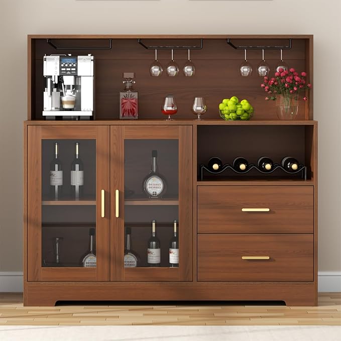 Bar Cabinet for Home with LED Light,Coffee Bar Cabinet w/ Wine & Glass Rack