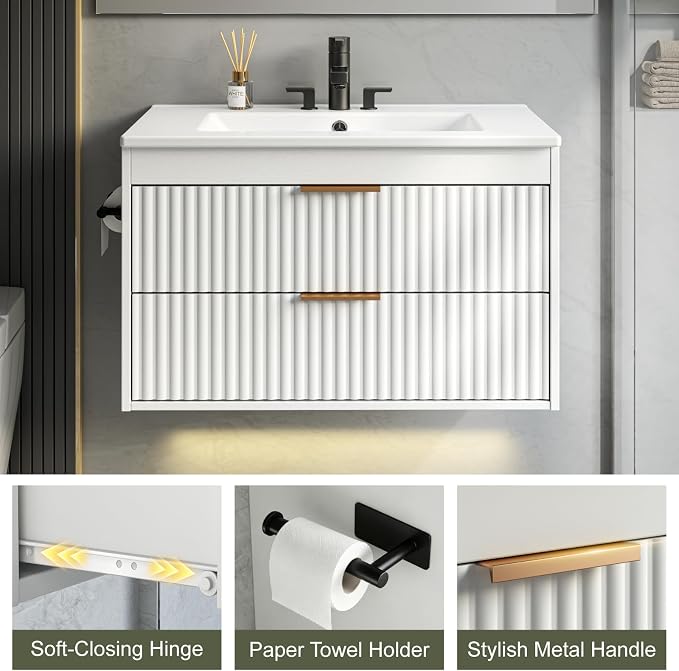 30 Inch Floating Bathroom Vanity with Sink & Towel Holder, Fluted Wall Mounted Vanity Cabinet, Modern Bathroom Combo with LED Light, Metal Handle & Double Soft-Closing Drawers, White