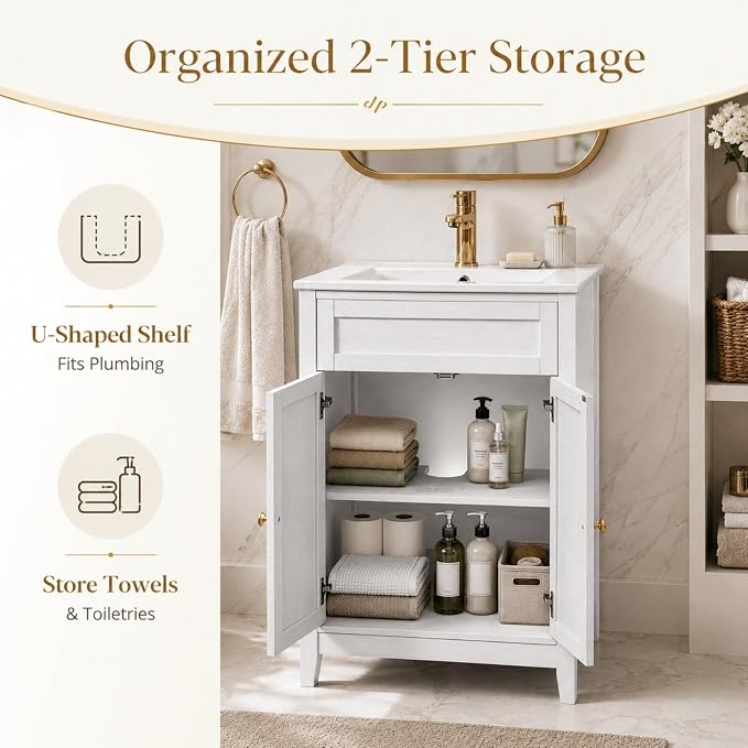 VINGLI 24 Inch Bathroom Vanity with Sink, Washed White Freestanding Farmhouse Vanity Cabinet, Single-Hole Ceramic Basin with Overflow, 2-Door Storage with U-Shaped Shelf