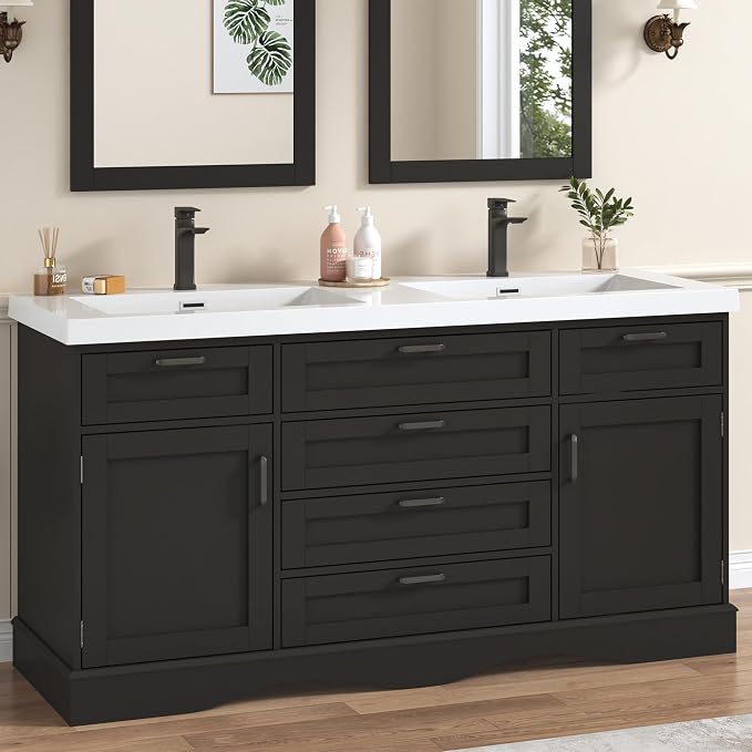 59" Bathroom Vanities Cabinet with Double Sink Combo,Modern Undermount Vanity Sink Cabinet with 2 Storage Doors and 3 Drawers,High Freestanding Bathroom Storage Cabinet with 3 Flip-top Drawers(Black)