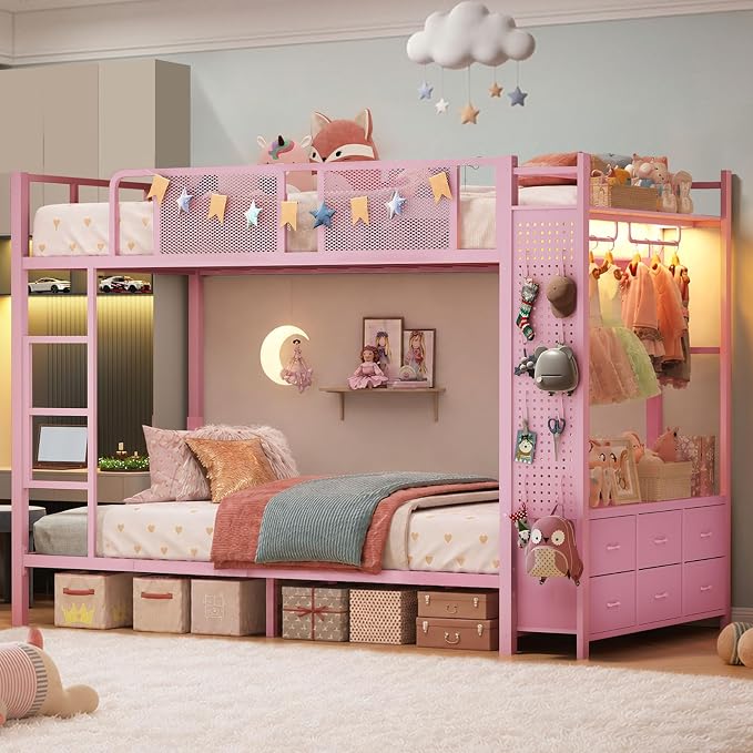 Itaar Metal Bunk Bed Full Over Full with Hall Tree, Power Outlet, LED Bunk Bed with 6 Storage Drawers, Bed with 13‘’ Safety Guardrail & Ladders for Kids and Teen, 400lb Weight Capacity, Pink
