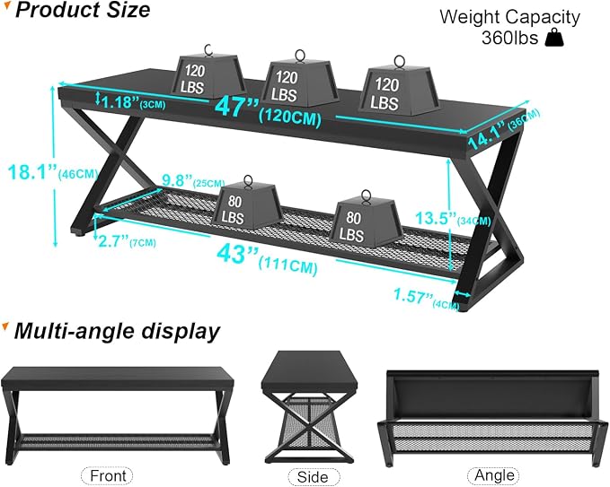 LVB Black Oak Bench, Industrial Entryway Bench with Storage, 47 Inch