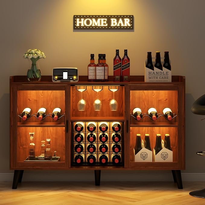 Wine Bar Cabinet with LED Light, Home Coffee Cabinet w/ Wine & Glass Holder