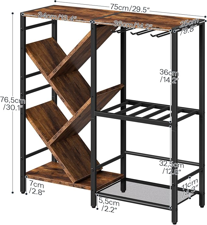 HOOBRO Liquor Bar Cabinet, Modern Liquor Cabinet with Wine Rack & Glass Holder, Liquor Bar Cabinet with Power Outlet, Mini Bar Table for Home Bar, Rustic Brown and Black BF36JJ01