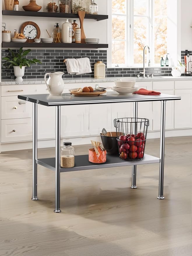 Atelicf NSF Stainless Steel Prep Table 24X48 inch, Rounded Flat Top