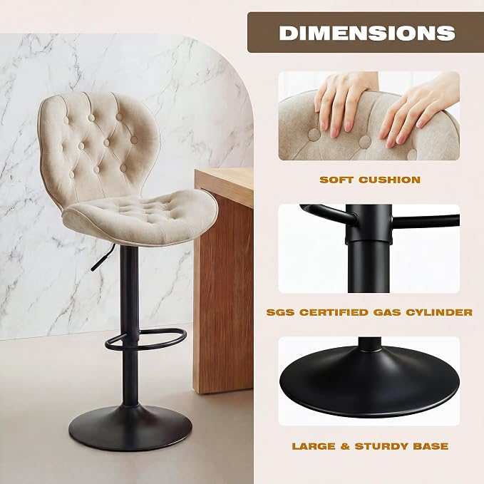 GRUSIGN Bar Stools Set of 2, Modern Swivel Adjustable Bar Chairs, Chenille Fabric Upholstered Counter Height Bar Stools with Backrest, Comfort Barstools for Kitchen Island, Home Bar, Khaki