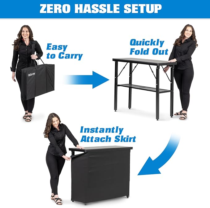 GoBar PRO Commercial Grade Portable Bar Table - Mobile Bartender Station for Events - Includes Black Skirt and Carry Case - Standard or LED