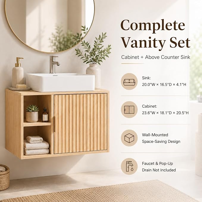 VINGLI 24 Inch Floating Bathroom Vanity with Vessel Sink, Wall-Mounted Natural Oak Cabinet with Adjustable Open Shelf, Fluted Soft-Close Door and Plumbing Cutout