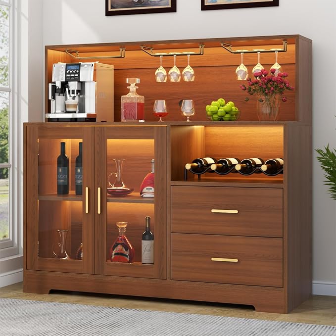 Bar Cabinet for Home with LED Light,Coffee Bar Cabinet w/ Wine & Glass Rack