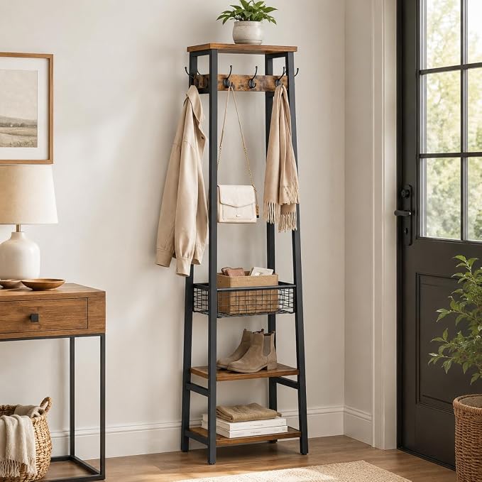 Coat Rack with Metal Basket and Storage Shelves