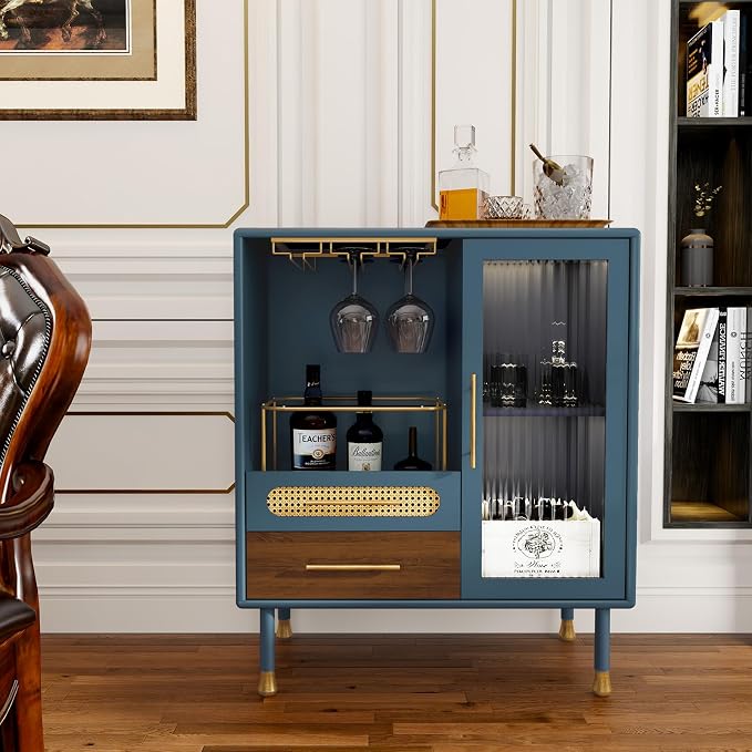 ARTPOWER Modern Coffee Bar Cabinet with Pull-Out Wine Storage, Blue