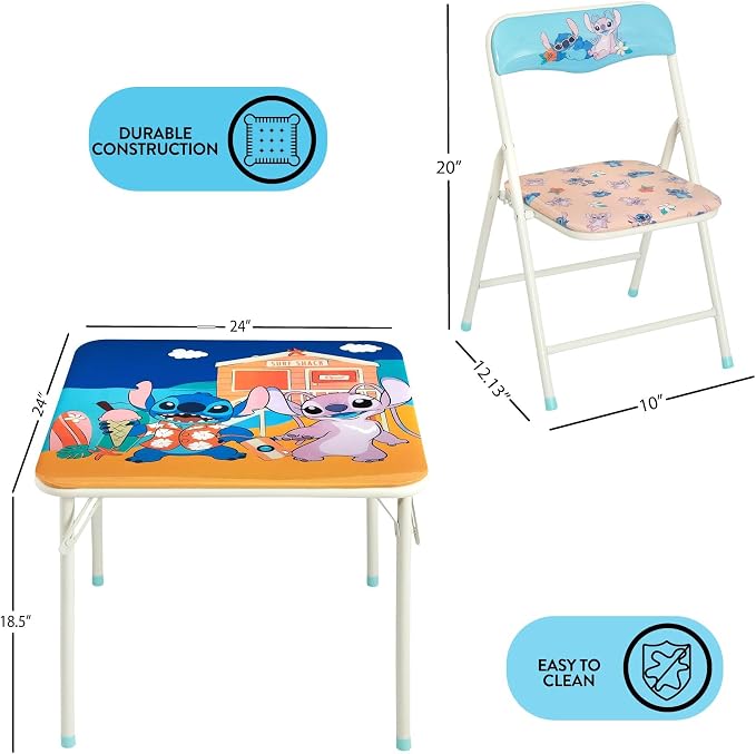Disney Stitch Kids Activity Table and Chair Set, 3-Piece Folding Toddler Table with 2 Chairs, Padded Seats, Durable Frame for Play, Crafts & Snacks
