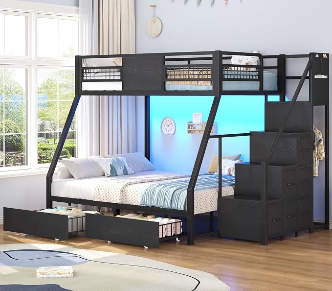 BTHFST Bunk Bed Twin Over Full with Stairs, Storage Drawers and LED Lights