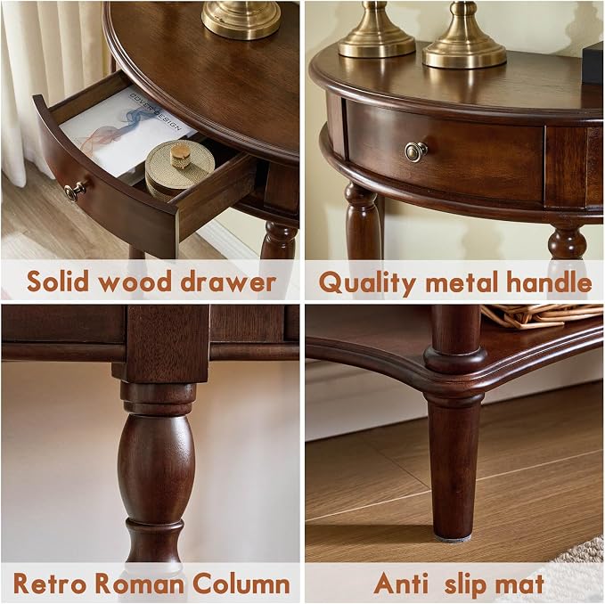 Half Moon Console Table Solid Wood Vintage Entryway Table with Storage Drawer Small Hallway Table for Entryway Half Round Foyer Tables Walnut Entry Way Tables For Entrance (Walnut, W-31.5")