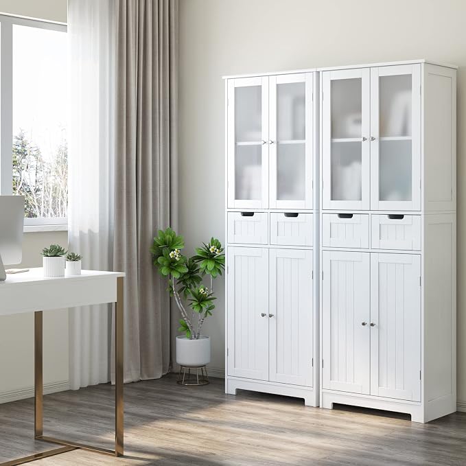 HORSTORS 67" H Bathroom Storage Cabinet, White Linen Cabinet with Drawers | Freestanding Bathroom Cabinet with Glass Door & Shelf, Modern Tall Storage Cabinet for Bathroom, Living Dining Room, Kitchen