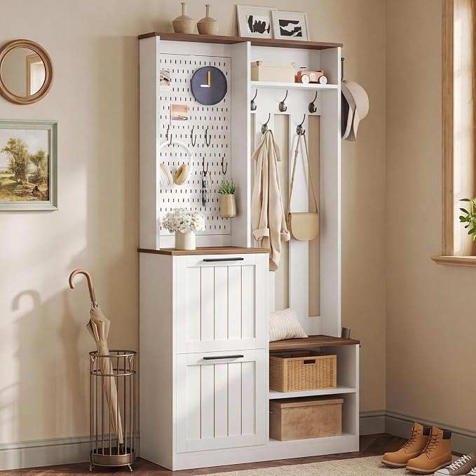 Hall Tree with 2 Flip-Down Shoe Cabinet for Entryway