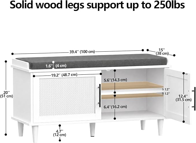 Akxomel 39.4" Rattan Shoe Storage Bench 2 Doors Wooden Entryway Bench White