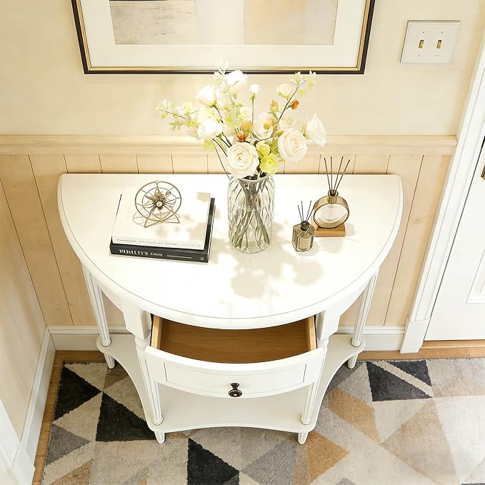 Half Moon Console Table Solid Wood Vintage Entryway Table with Storage Drawer Small Hallway Table for Entryway Half Round Foyer Tables Walnut Entry Way Tables For Entrance (White, W-23.6")
