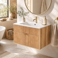 VINGLI 24 Inch Floating Bathroom Vanity with Sink, Wall-Mounted Natural Oak Cabinet with Fluted Drawer, Full-Extension Storage and Gold-Tone Handle