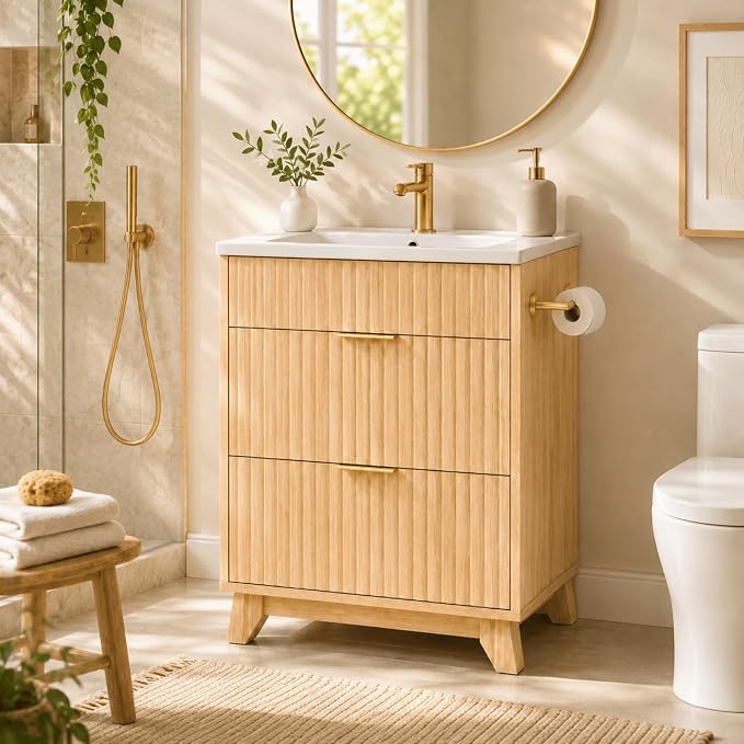 VINGLI 24 Inch Bathroom Vanity with Sink, Modern Fluted Bathroom Vanity Cabinet with Drawers, Freestanding Oak Bathroom Sink Cabinet, Ceramic Basin, Side Toilet Paper Holder, Oak