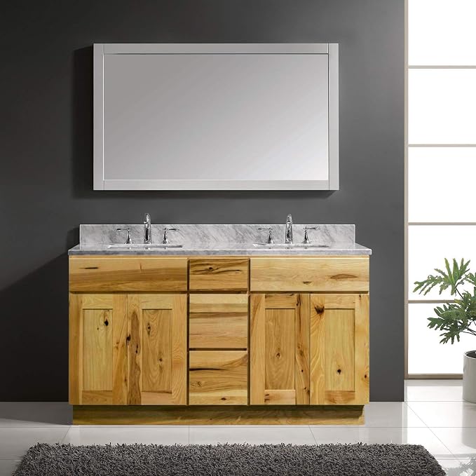 Riley & Higgs Hickory Double Sink Vanity, 60"Wx34.5"Hx21"D | Country rustic style with 4 doors and 3 drawers for ample storage in a 60-inch double-sink base