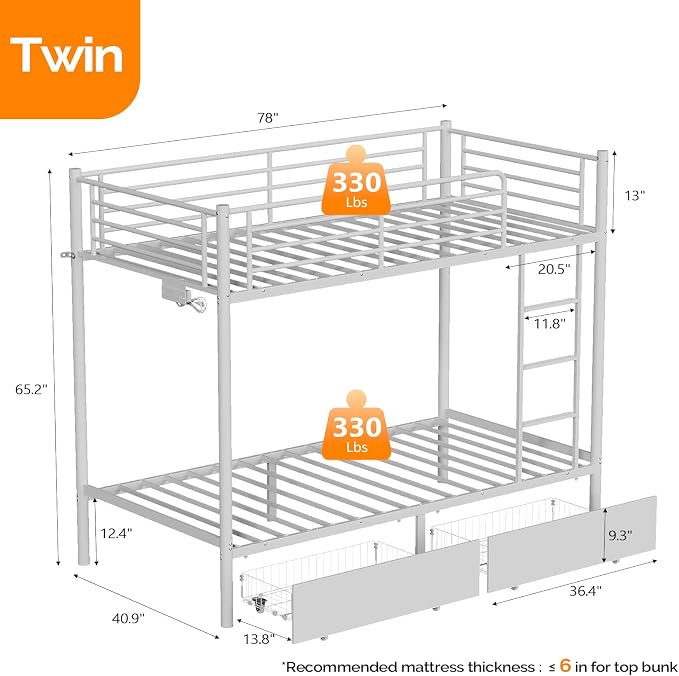 Bonnlo Metal Bunk Bed Frame Twin Over Twin with 2 Drawers, LED Lights, Safety Guardrail & Ladder, Charging Station, for Kids, Teens & Adults, Space-Saving, No Box Spring Needed, White