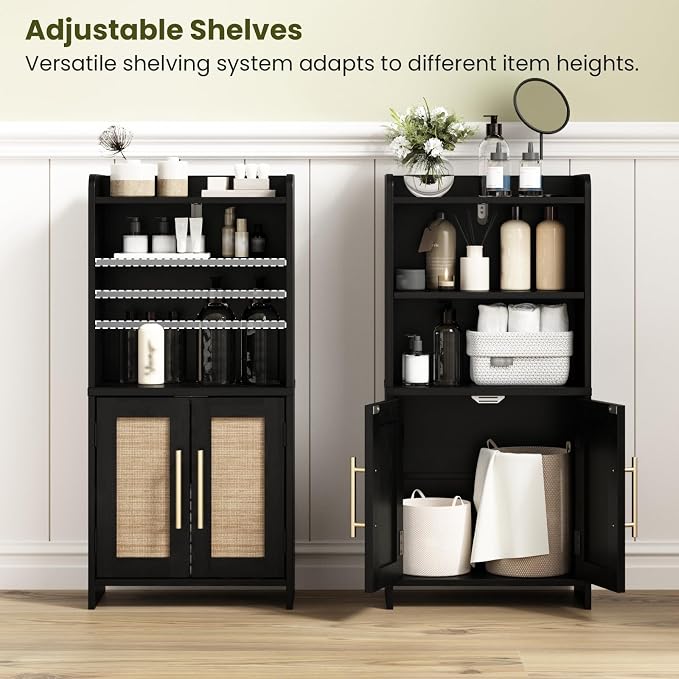 Small Bathroom Storage Cabinet with 2 Doors & Shelf,Rattan Black | Narrow Storage Organizer, Toilet Paper Floor Cabinets Freestanding, for Small Spaces, Laundry Room, 7.8" D x 14.6" W x 31" H