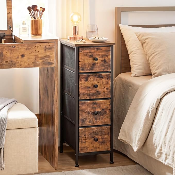 Fixwal Narrow Storage Cabinet, Slim Dresser with 4 Drawers, Rustic Brown | 9.5in width, sturdy & stable structure, solid steel frame, wooden top, suitable for bedroom, bathroom & laundry room