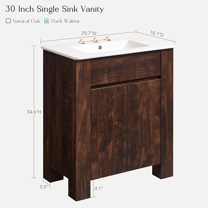 T4TREAM 30 Inch Bathroom Vanity with Sink, Modern Single Sink Bathroom Vanity, Small Bathroom Cabinet with Handle-Free Design, Dark Walnut