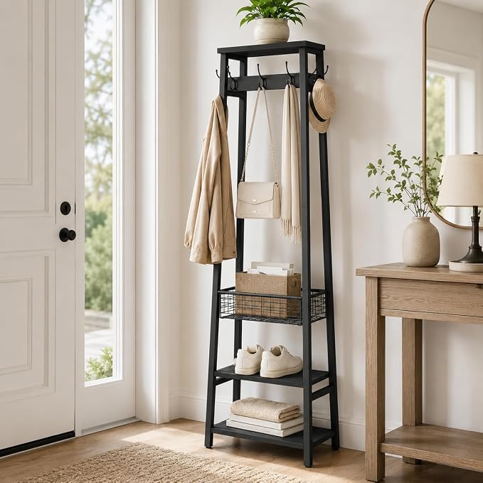Coat Rack with Metal Basket and Storage Shelves