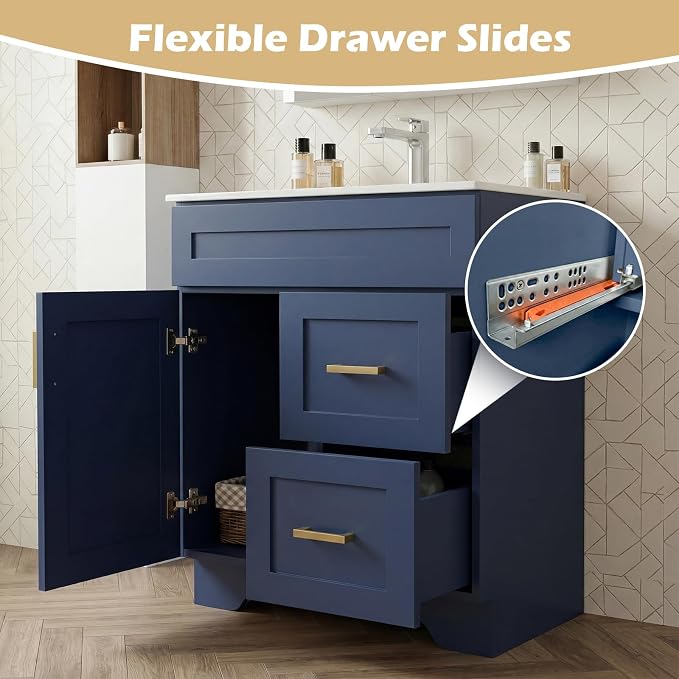 30 Inch Bathroom Vanity with Sink, Modern Shaker Bathroom Sink Cabinet with Soft-Close Door & 2 Drawers, Wood Freestanding Bathroom Storage Cabinet with Ceramic Basin, Navy Blue