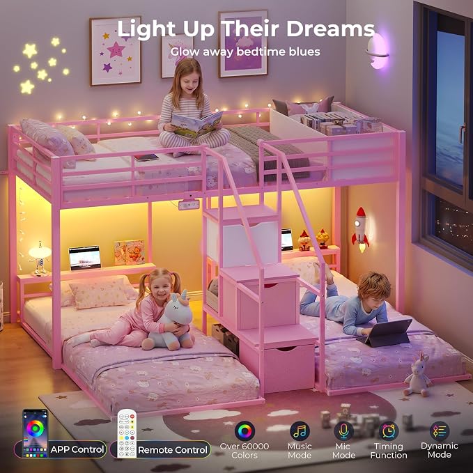 ADORNEVE Triple Bunk Bed Twin Over Twin with Storage Staircase, Pink