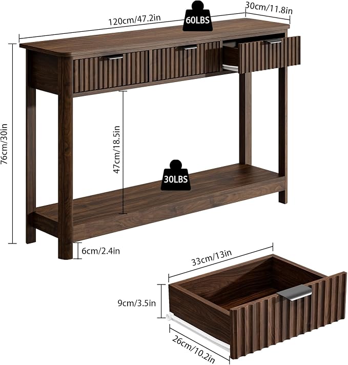 RUSTOWN Fluted Wood Console Table with 3 Drawers, 47.2" Boho Entryway Table