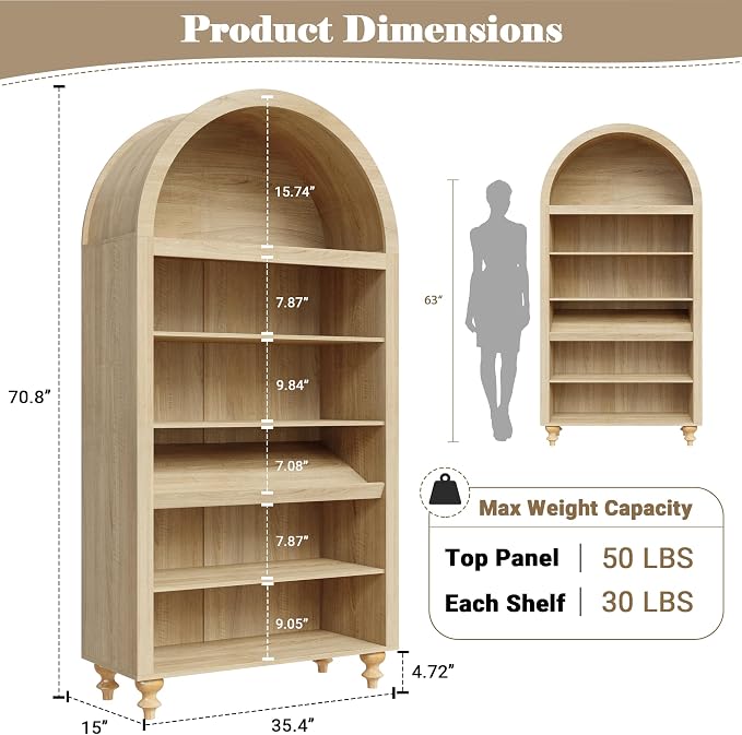 71" Tall Arch Bookcase, Modern Arched Storage Cabinet with Sensor LED Lights, 6-Tier Bookshelf with 2 Adjustable Shelves, Wood Display Cabinet for Living Room, Home Office (Natural Oak)