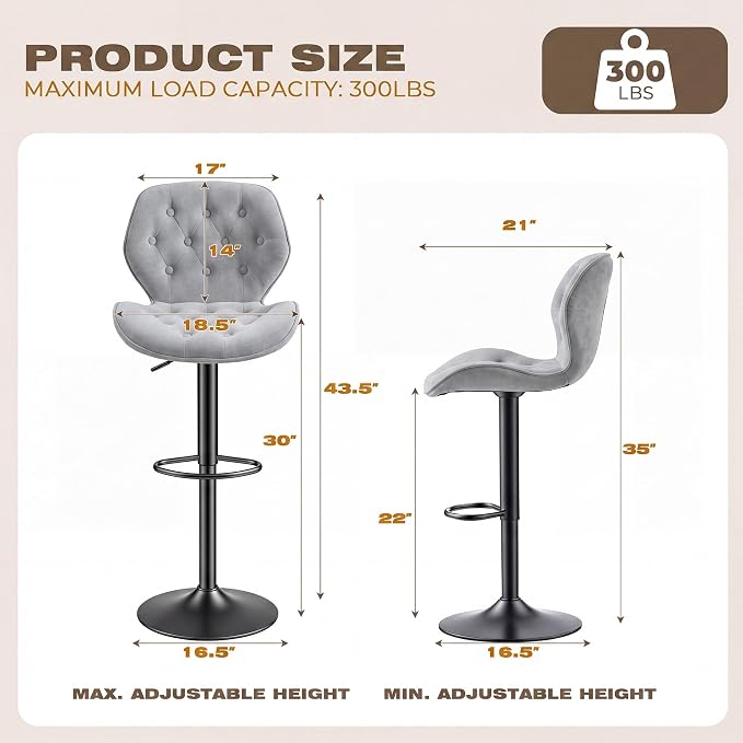 GRUSIGN Bar Stools Set of 2, Modern Swivel Adjustable Bar Chairs, Chenille Fabric Upholstered Counter Height Bar Stools with Backrest, Comfort Barstools for Kitchen Island, Home Bar, Grey