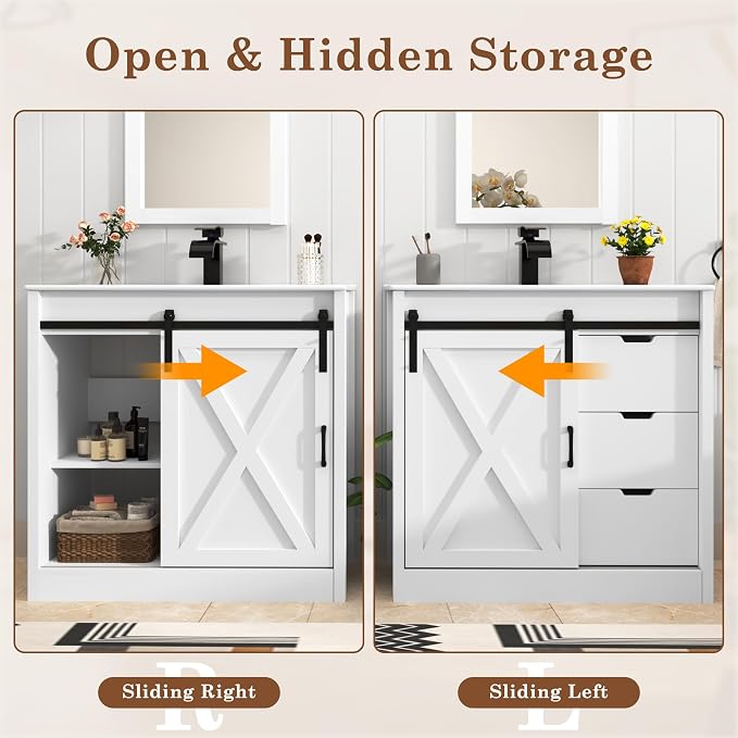 chartustriable 36 Inch Bathroom Vanity with Sink & Faucet & Mirror, Farmhouse Bathroom Vanity Cabinet Set with Sliding Barn Door & Drawers, Small Single Bath Storage Vanity Sink, White