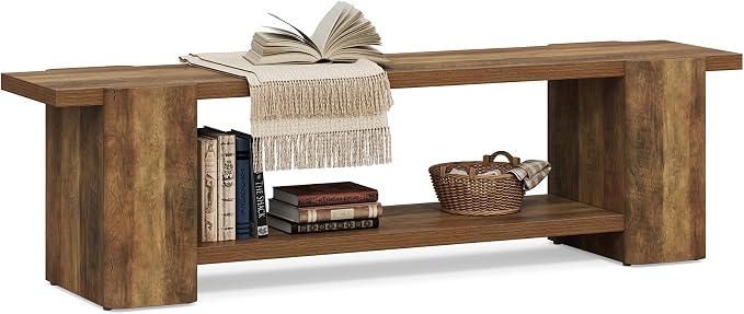 LITTLE TREE Wood Entryway Bench, 63" End of Bed Bench with Storage Shelf, Farmhouse Extra Long Shoe Bench for Entryway, Dining Room, Hallway, Living Room, Bedroom, Double-Reinforced Legs, Brown